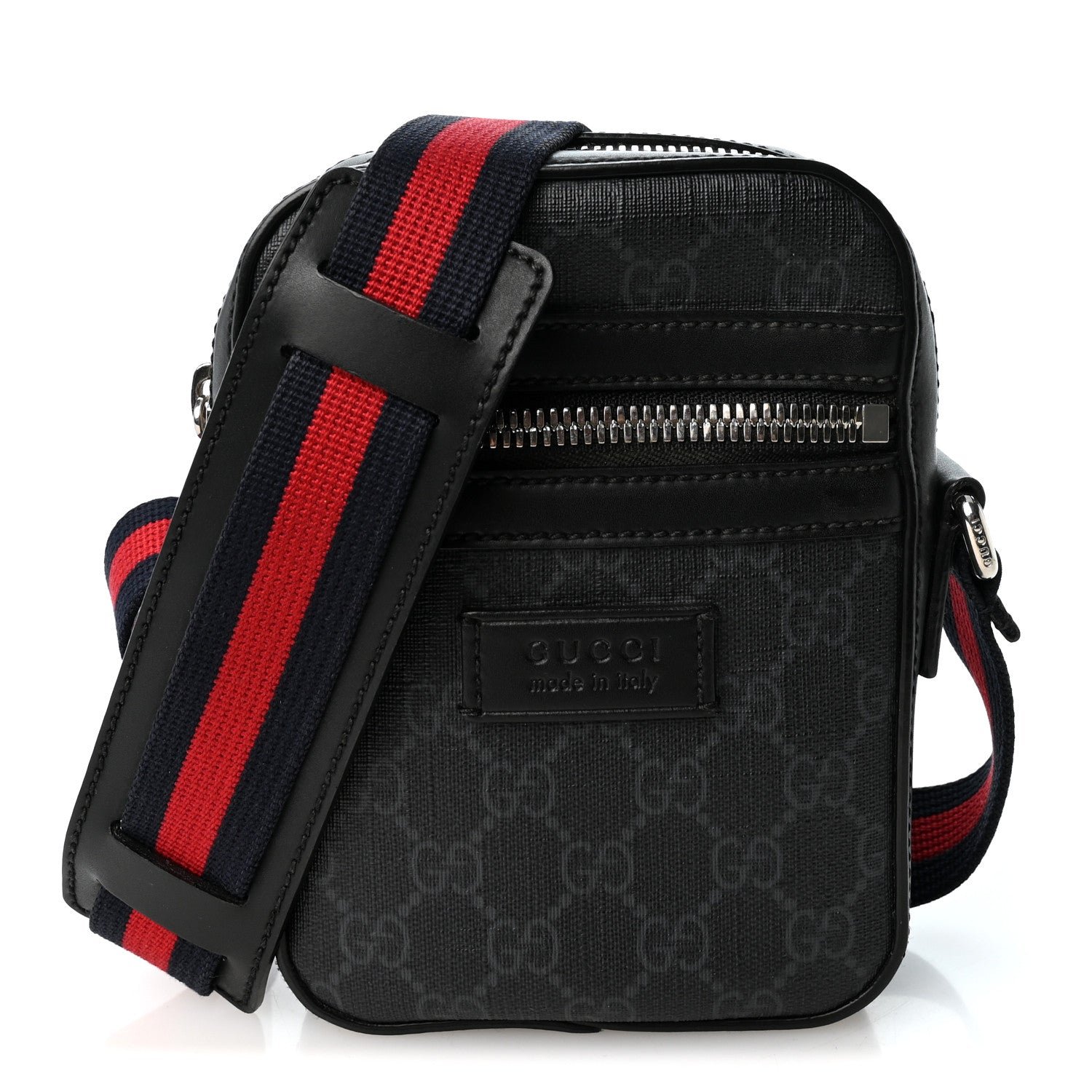 Gucci GG Supreme Monogram Appia Calfskin Web Small Camera Messenger Bag Black Grey