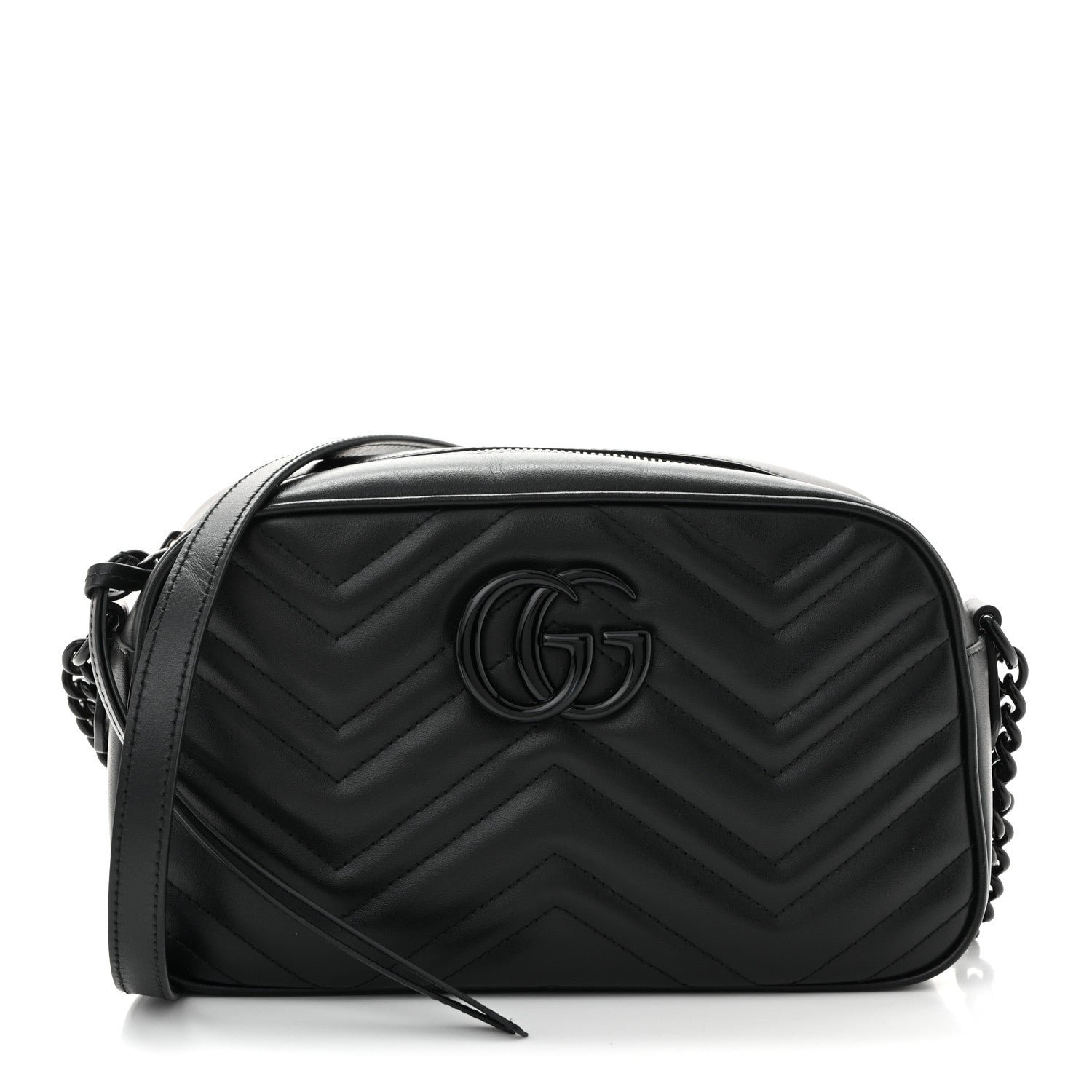 Gucci Calfskin Matelasse Monochrome Small GG Marmont Chain Shoulder Bag Black