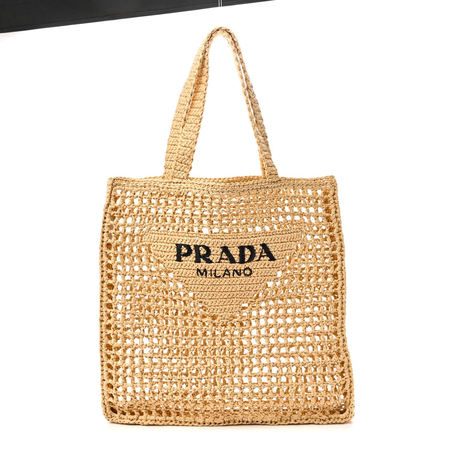 Prada Yarn Raffia Effect Crochet Logo Embroidered Tote Bag Naturale