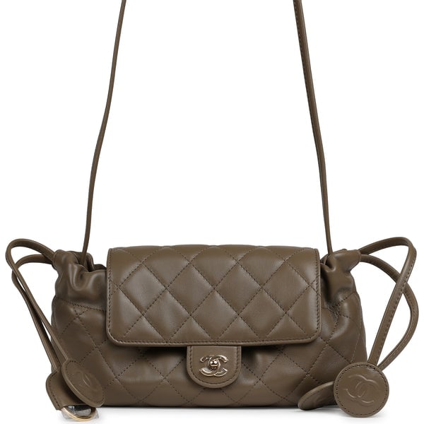 Chanel Drawstring Clutch Bag with Leather Strap Dark Khaki Lambskin Gold Hardware