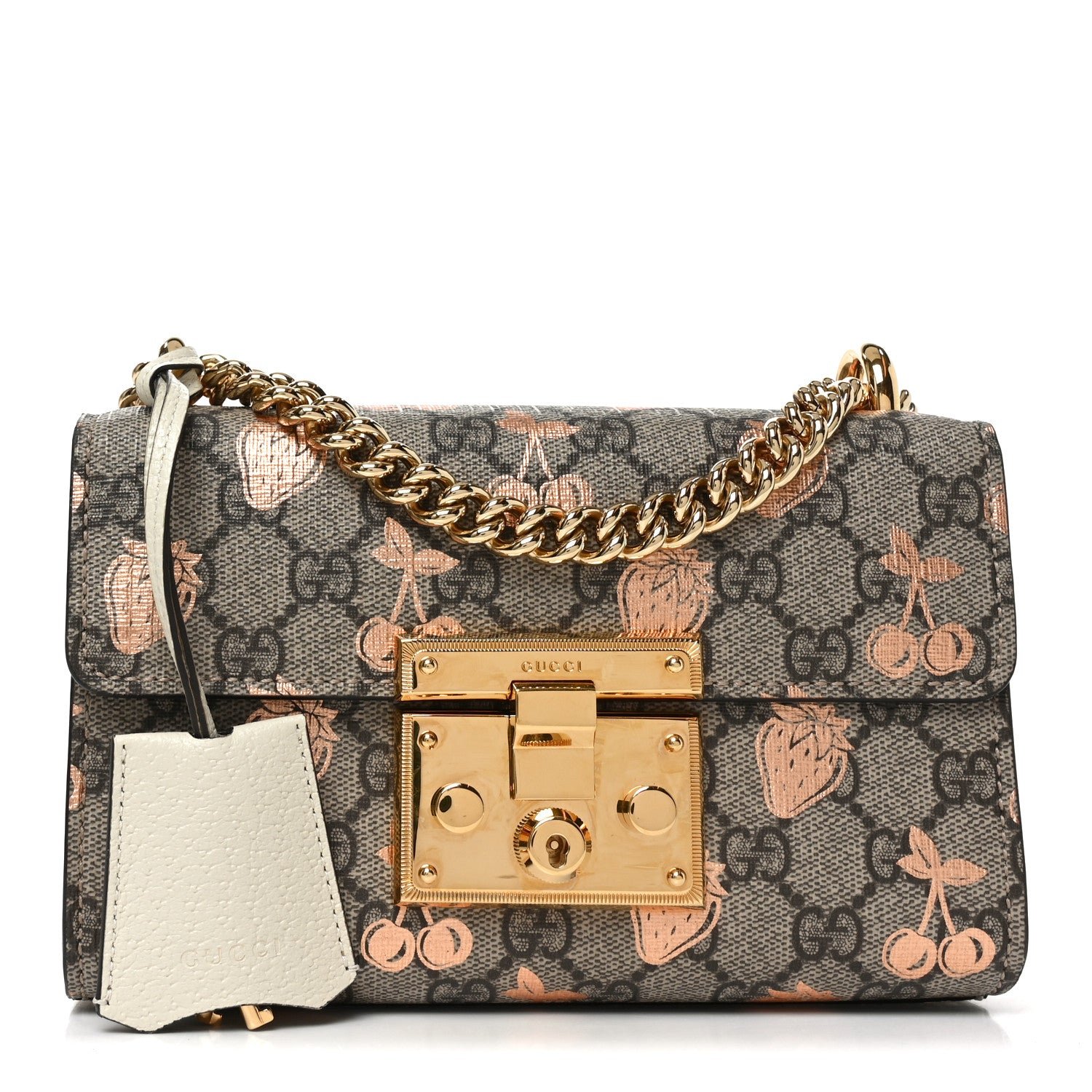 Gucci GG Supreme Monogram Berry Textured Dollar Calfskin Small Padlock Shoulder Bag Beige Ebony Light Copper Mystic White