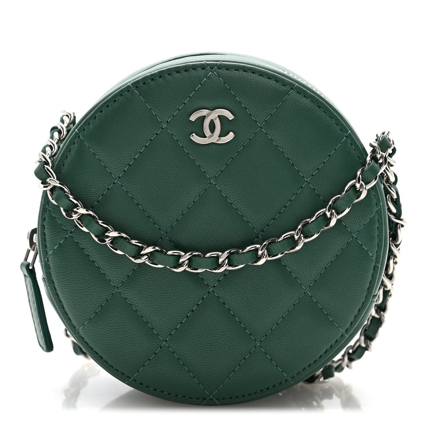 Chanel Lambskin Quilted Round Clutch With Chain Green