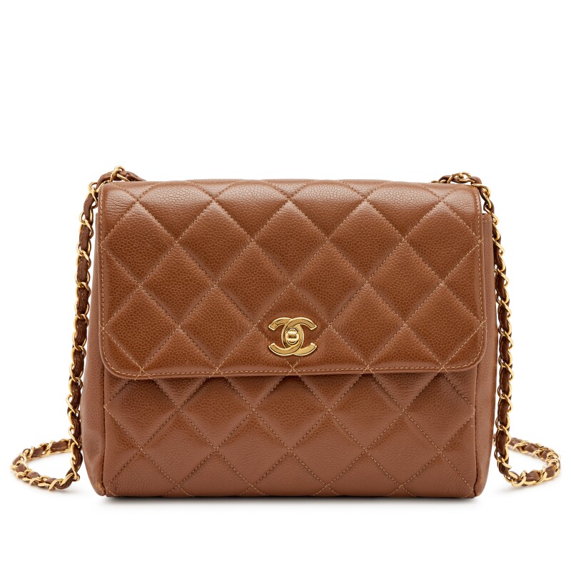 Vintage Caramel Brown Quilted Caviar Medium Square Flap Bag Gold Hardware, 1996-1997