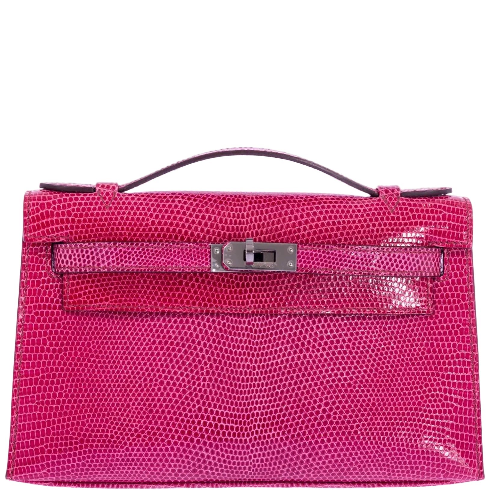 Hermes Hermès Kelly Pochette Fuchsia Shiny Niloticus Lizard Palladium Hardware