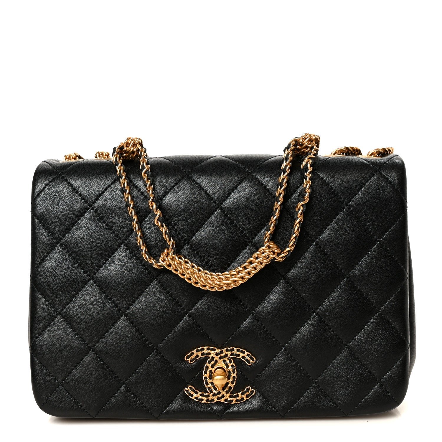 Chanel Lambskin Quilted Chain To Chain Flap Black Black