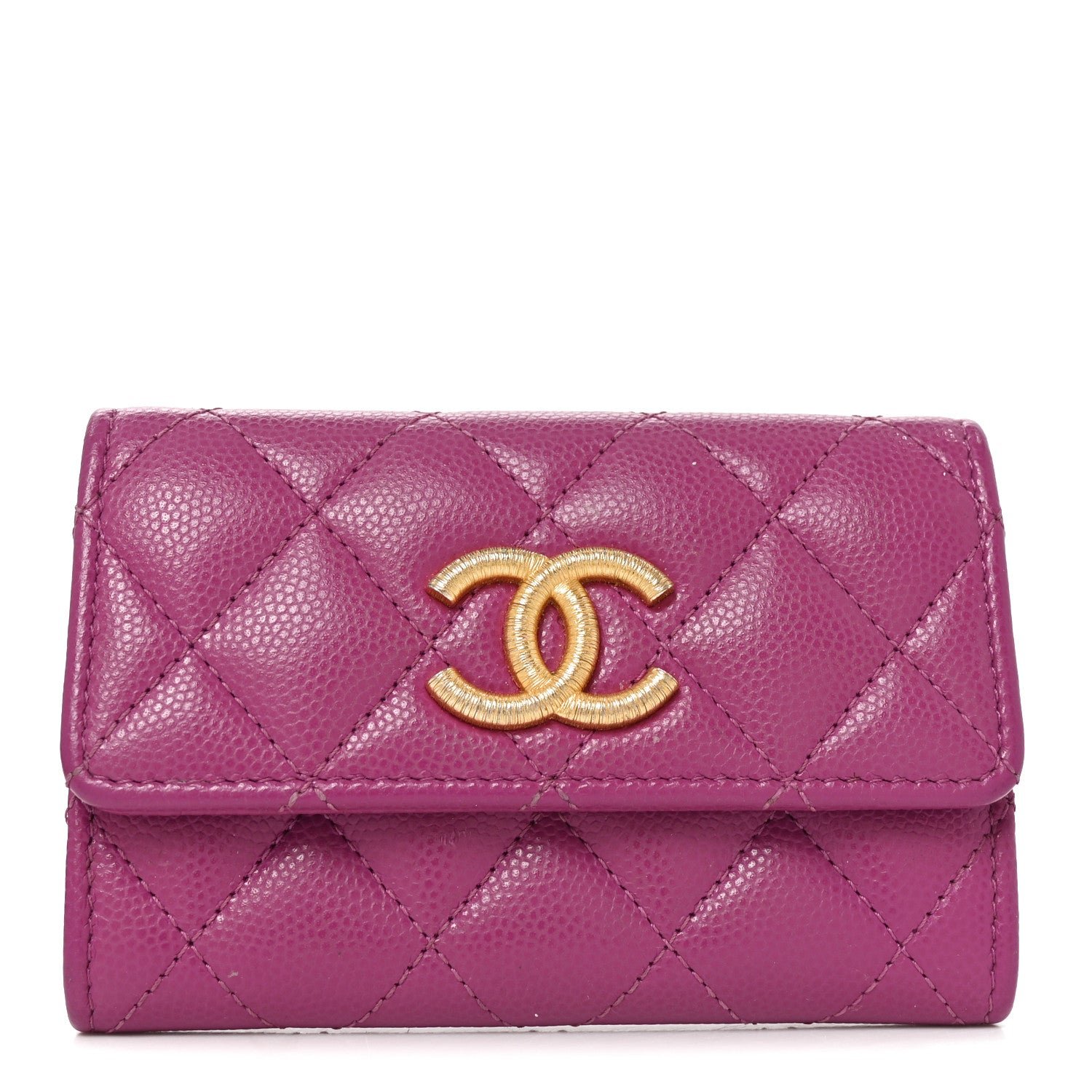 Chanel Caviar Quilted Textured CC Flap Card Holder Purple