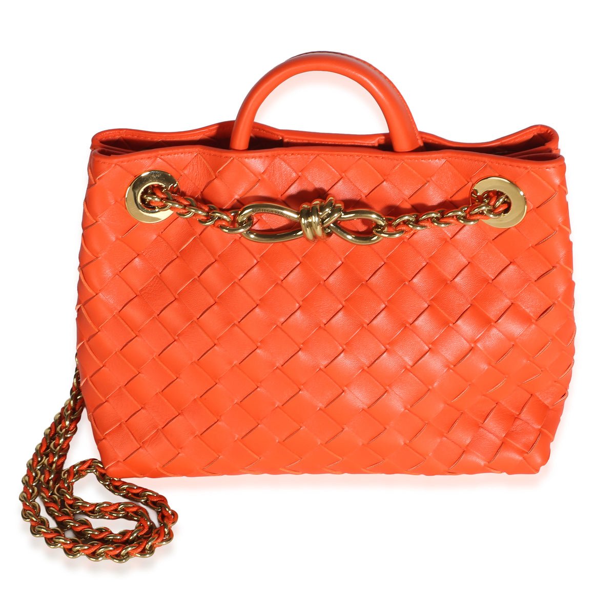 Bottega Veneta Orange Nappa Intrecciato Small Andiamo With Chain