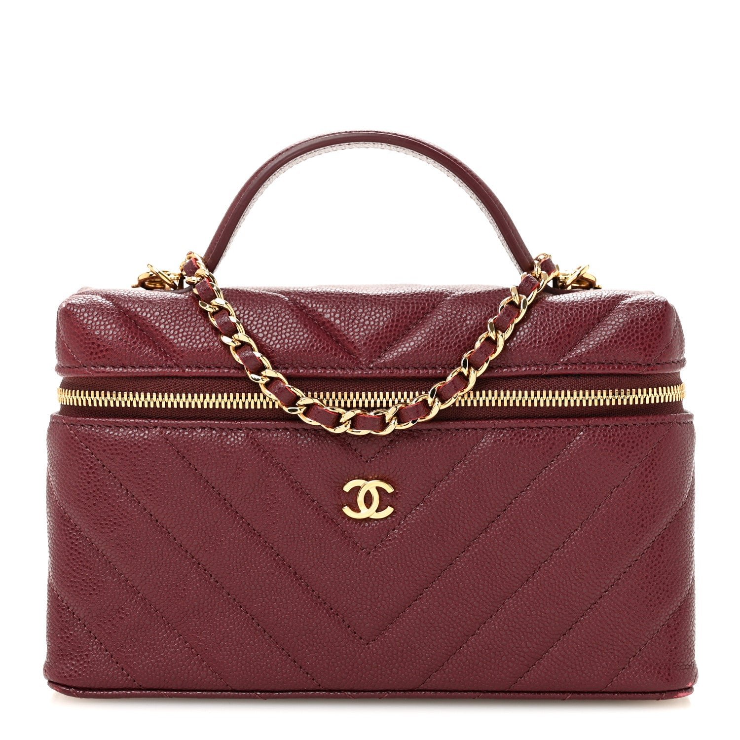 Chanel Shiny Caviar Quilted Sleek Chevron Vanity With Chain Burgundy