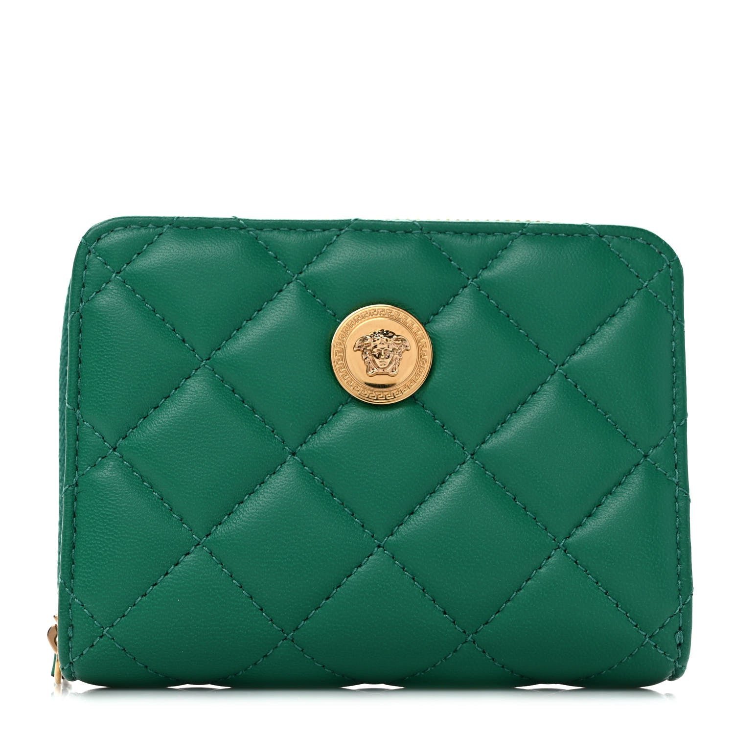 Versace Nappa Quilted Medusa Compact Zip Around Wallet Green