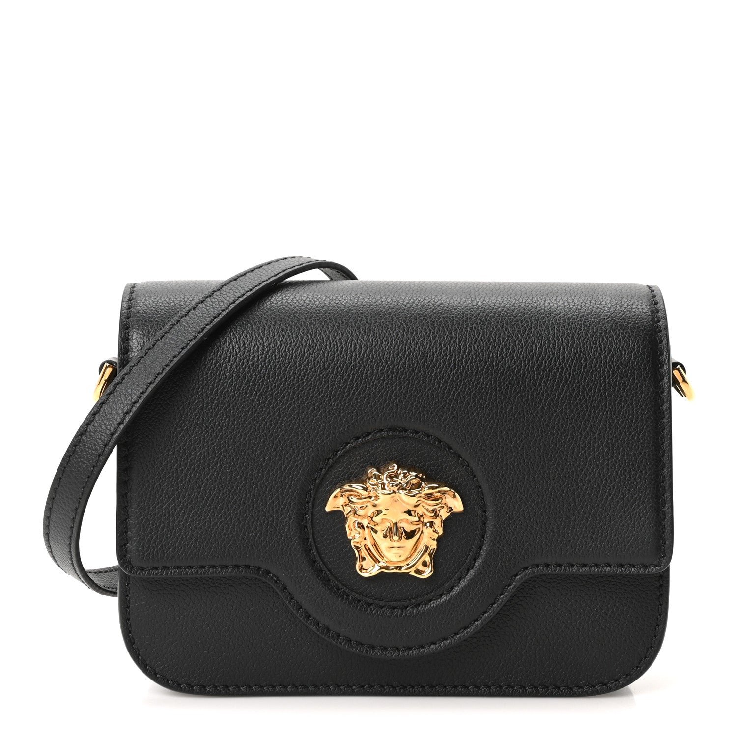 Versace Versace Grained Calfskin La Medusa Flap Shoulder Bag  Black