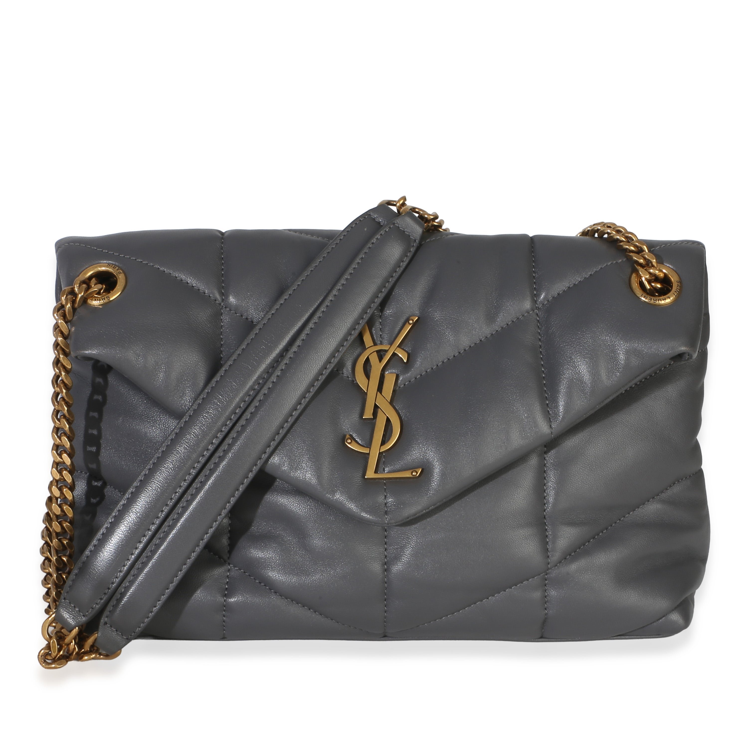 Grey Quilted Lambskin Small Loulou Puffer Chain Satchel