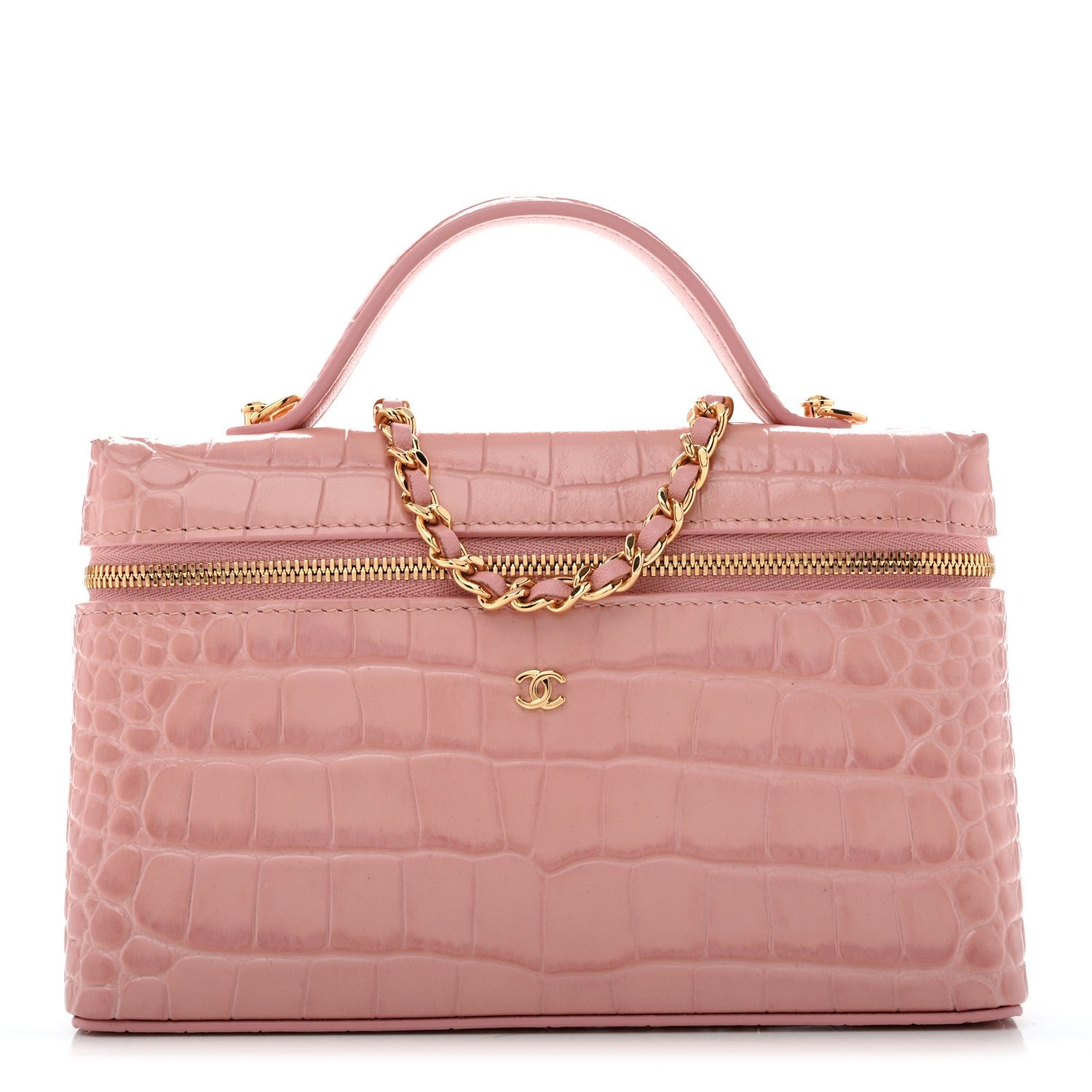 Chanel Calfskin Crocodile Embossed Crococo Top Handle Slim Vanity Case With Chain Light Pink