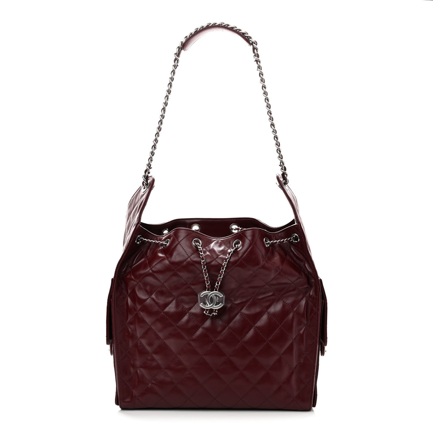 Chanel Shiny Crumpled Calfskin Quilted Medium Chanel 25 Handbag Dark Burgundy