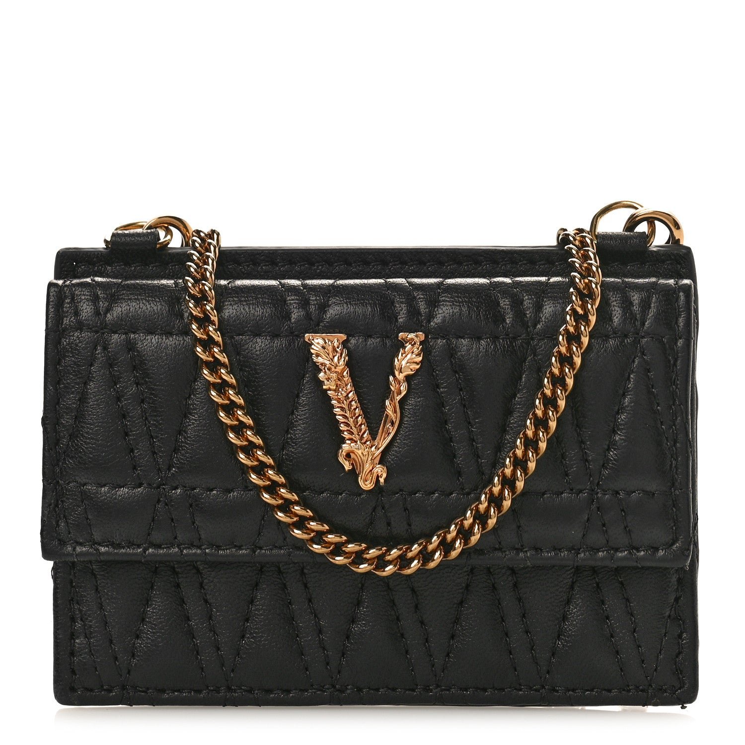 Versace Lambskin Quilted Virtus Chain Card Holder Black