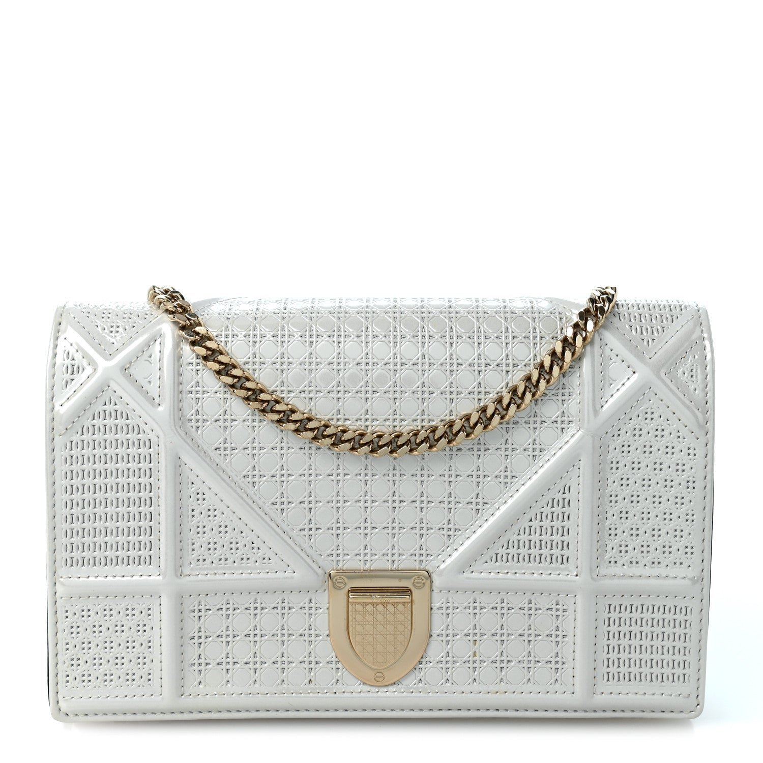 Christian Dior Patent Micro-Cannage Diorama Wallet on Chain Pouch White