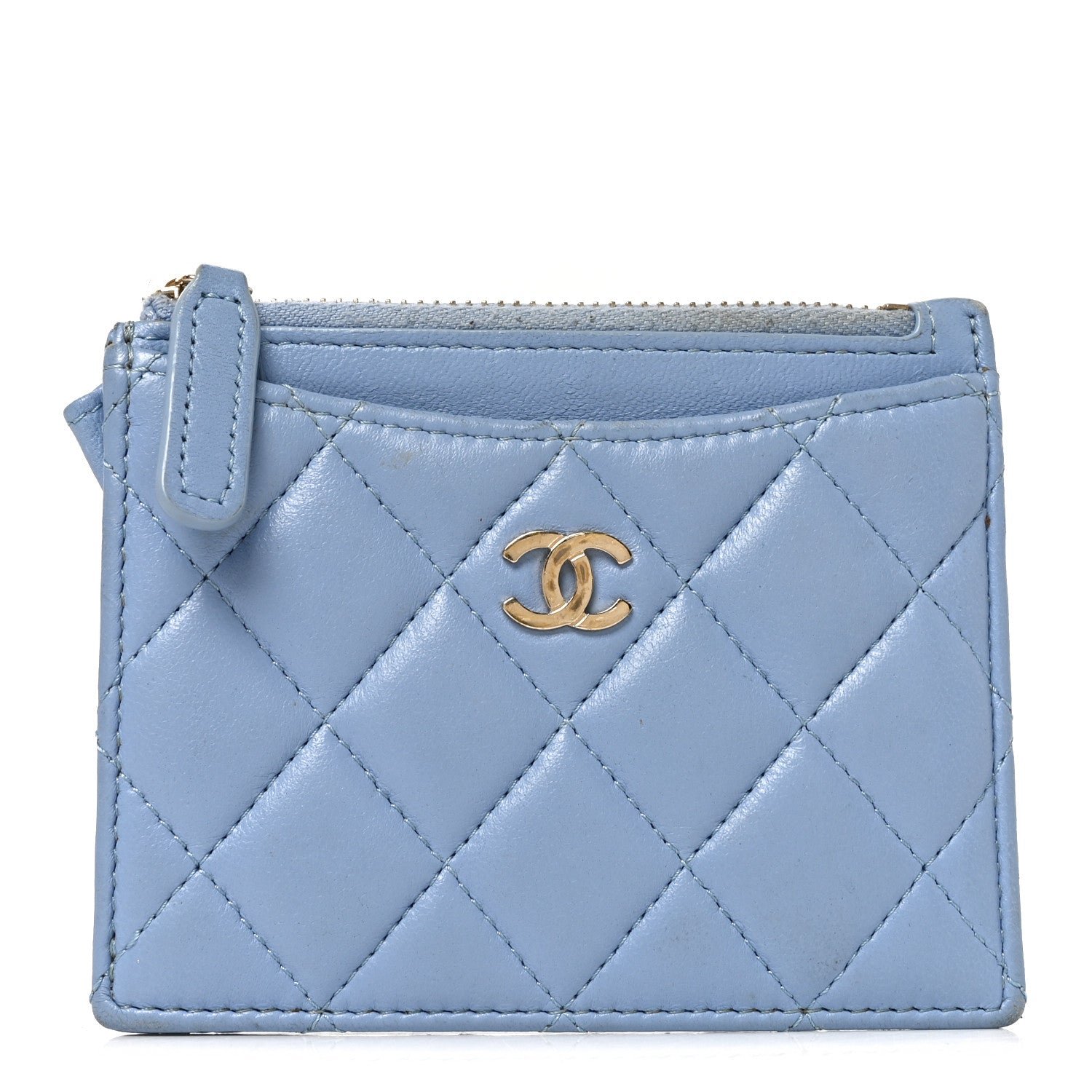 Chanel Lambskin Quilted CC Zip Card Holder Light Blue