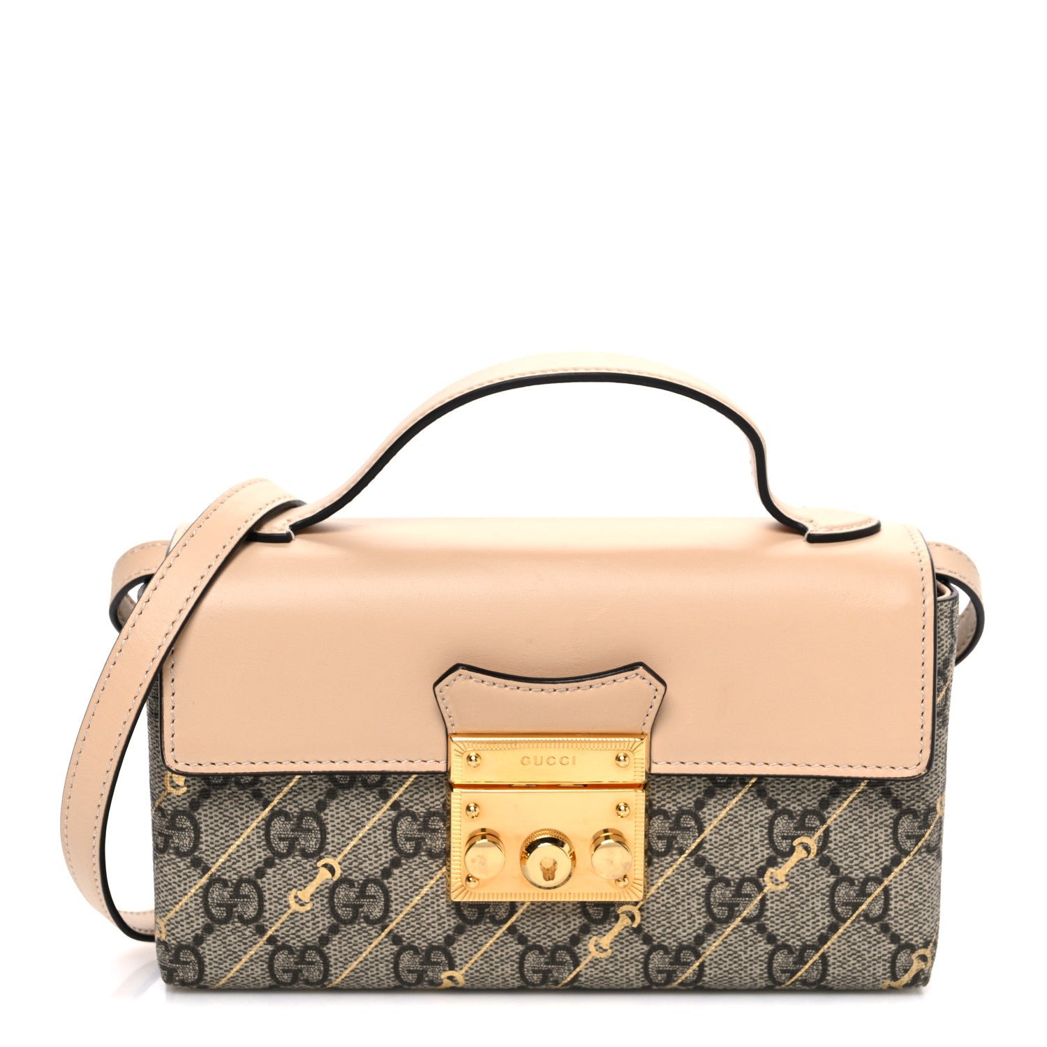 Gucci GG Supreme Monogram Calfskin Horsebit Print Mini Padlock Top Handle Shoulder Bag Beige Ebony Light Pink