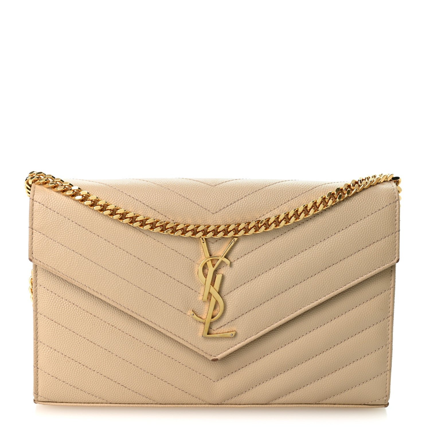 Saint Laurent Grain De Poudre Matelasse Chevron Monogram Chain Wallet Nude Powder