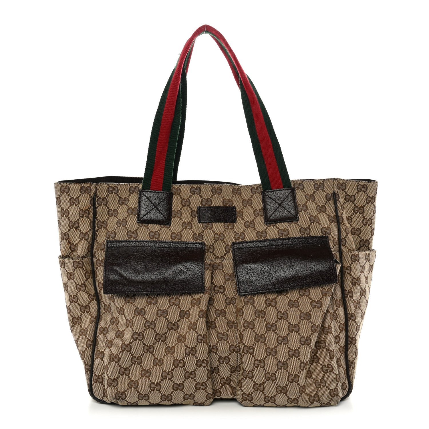 Gucci GG Monogram Medium Web Handle Double Pocket Tote Brown