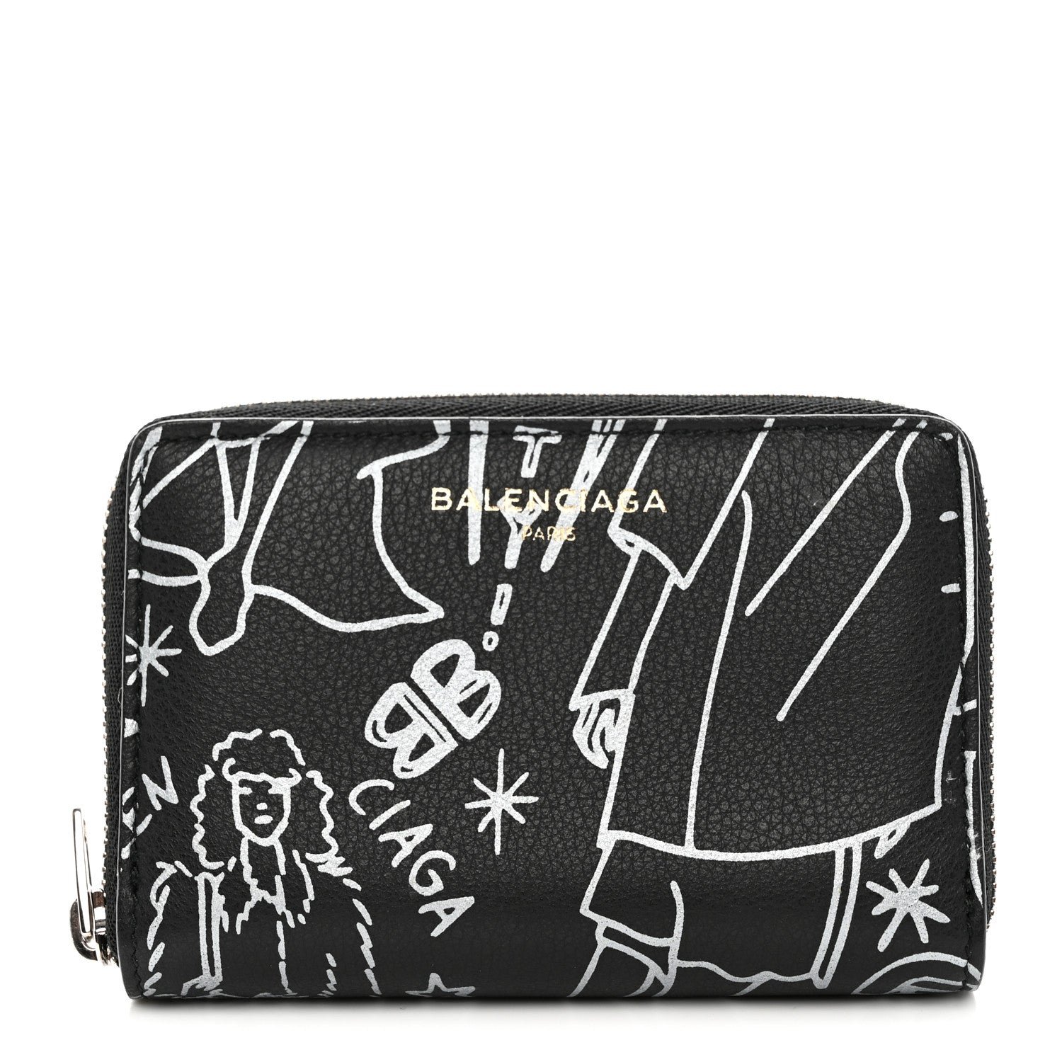Balenciaga Calfskin Printed Tattoo Everyday Continental Mini Zip Around Wallet Black