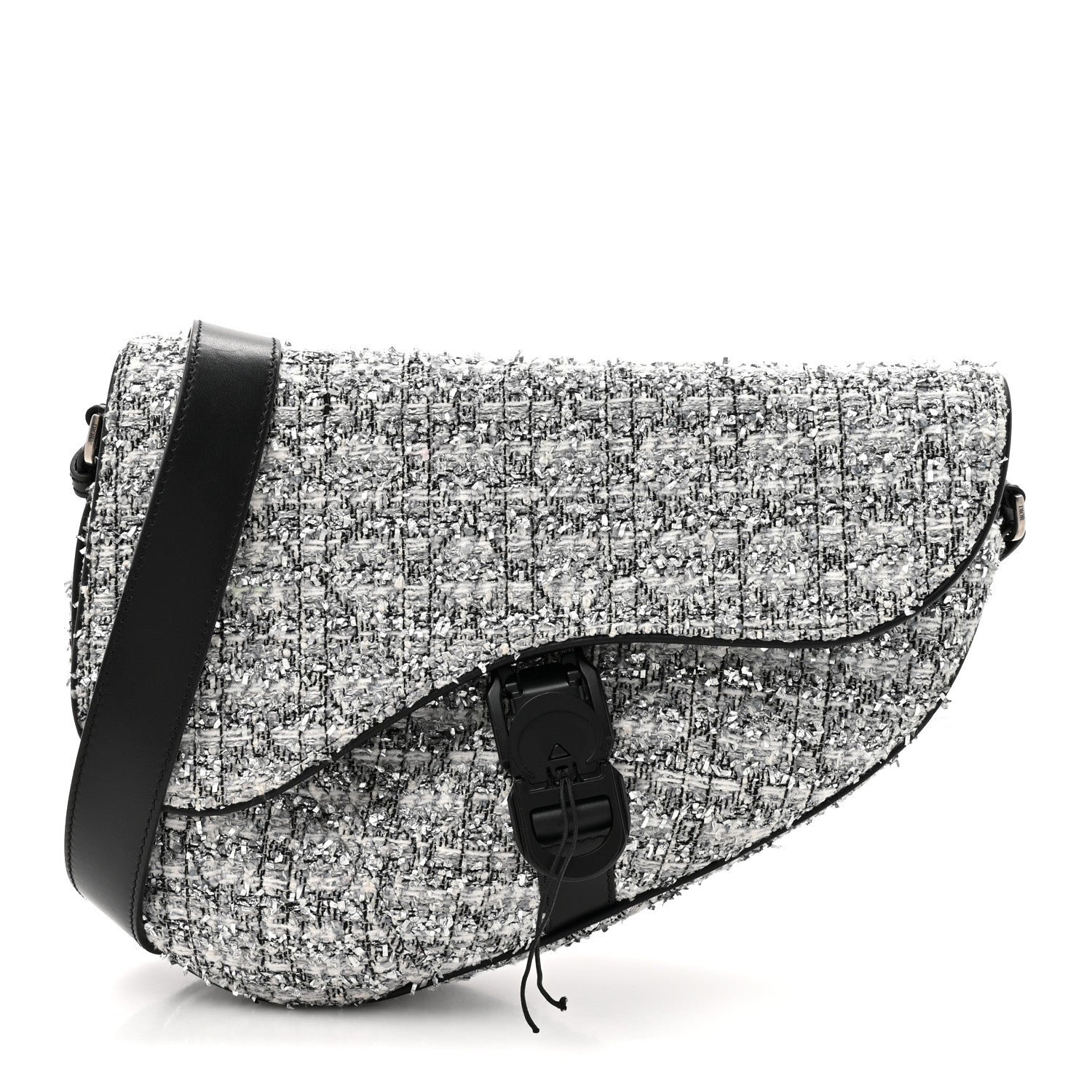 Christian Dior Tweed Saddle Crossbody Bag Black Silver