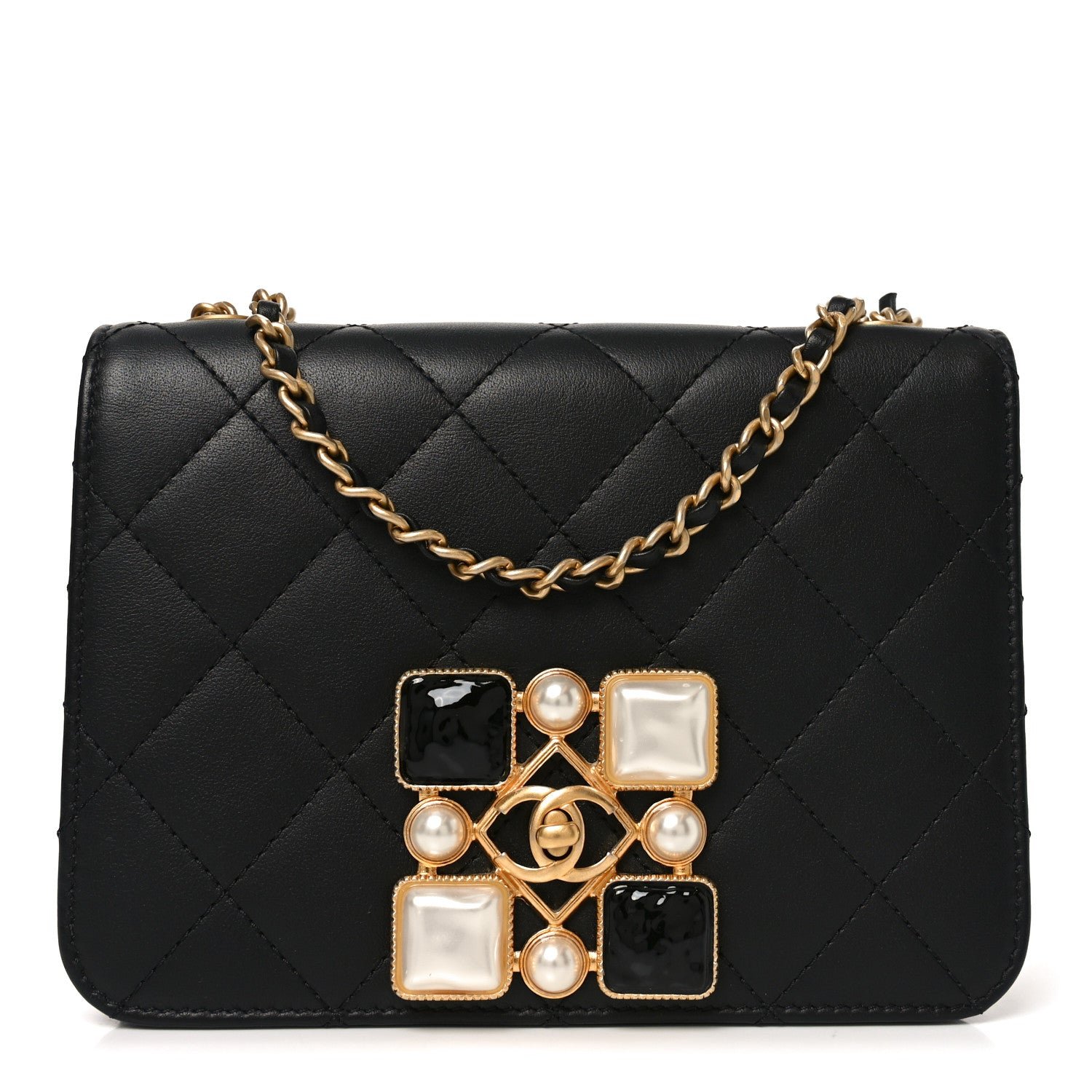 Chanel Calfskin Quilted Crystal Pearl Small Flap Bag Black