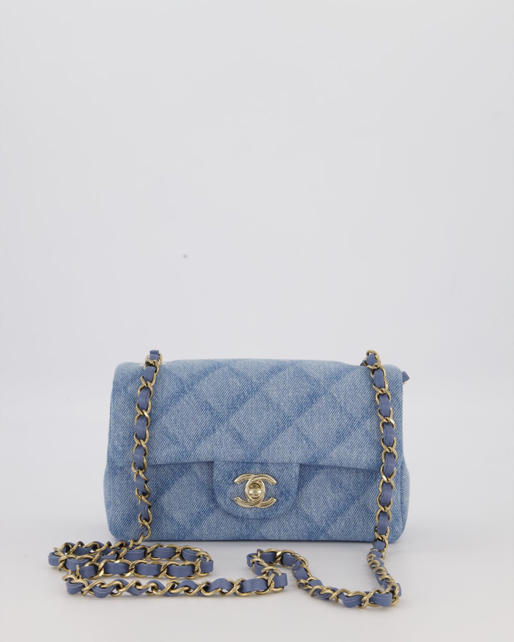 Chanel Light Blue Quilted-Effect Mini Rectangular Flap Bag in Denim with Gold Hardware
