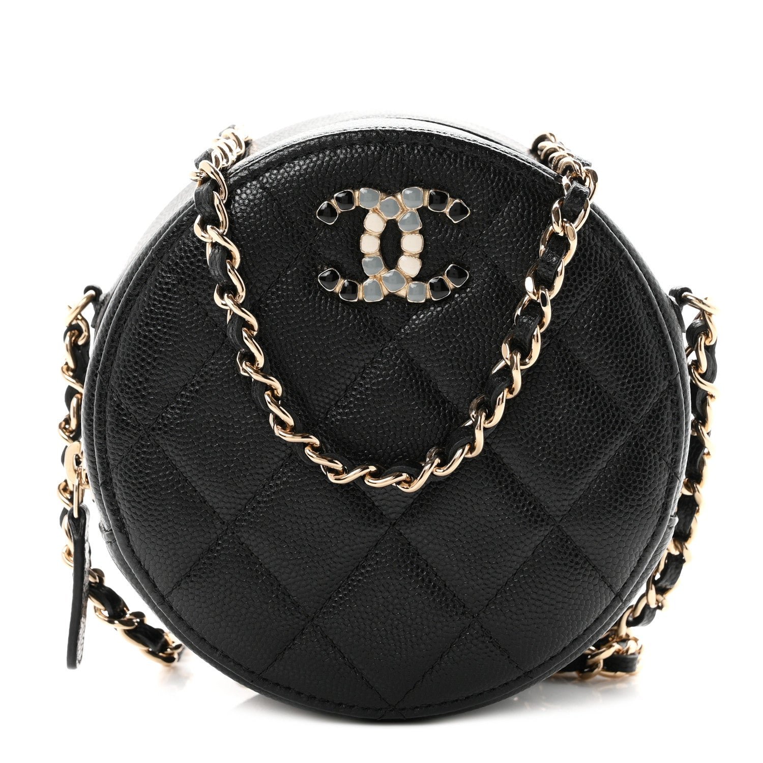 Chanel Caviar Quilted Gripoix CC Round Clutch With Chain Black