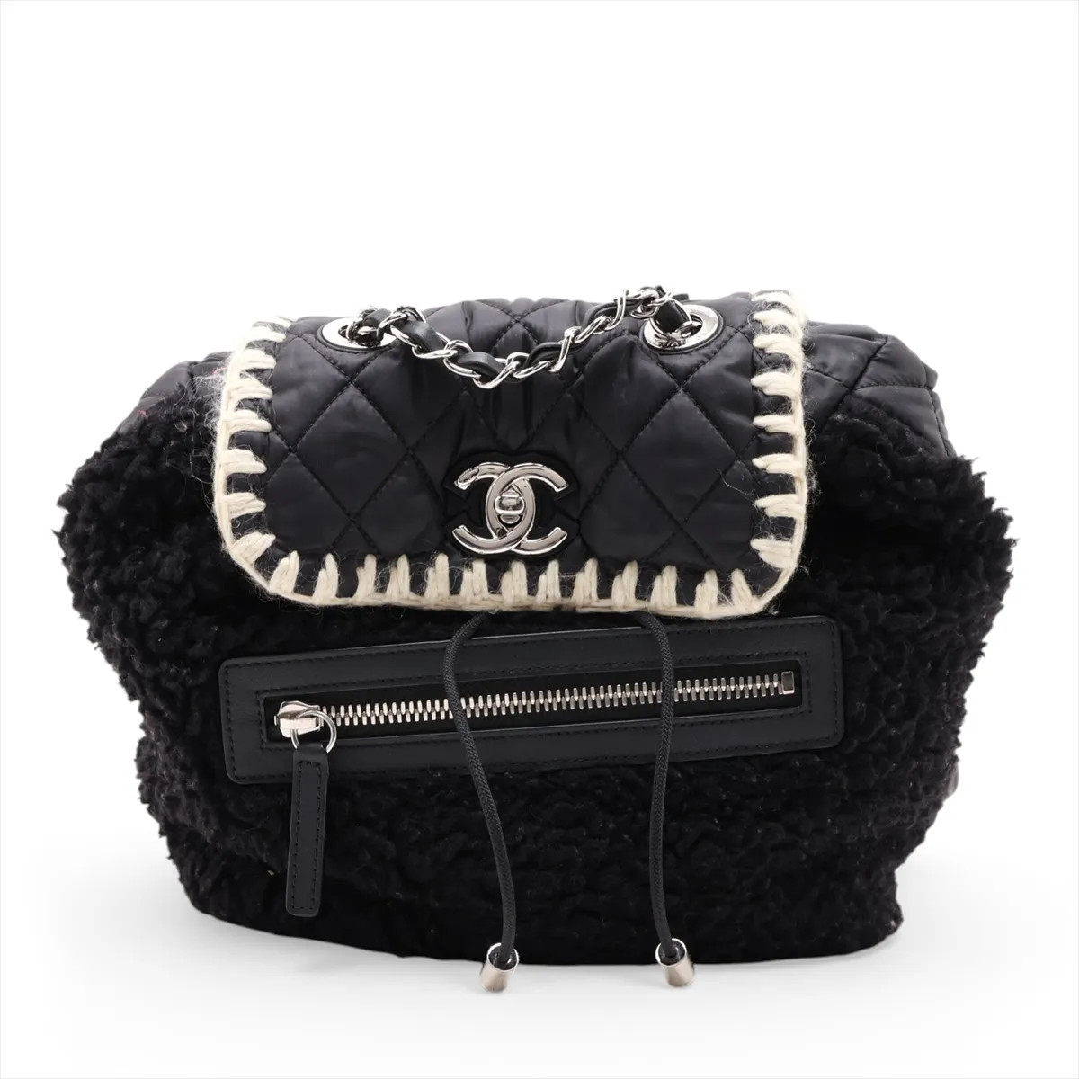 Chanel Coco Neige Boa x nylon Chain Backpack Black Silver Metal Fittings 26XXXXX