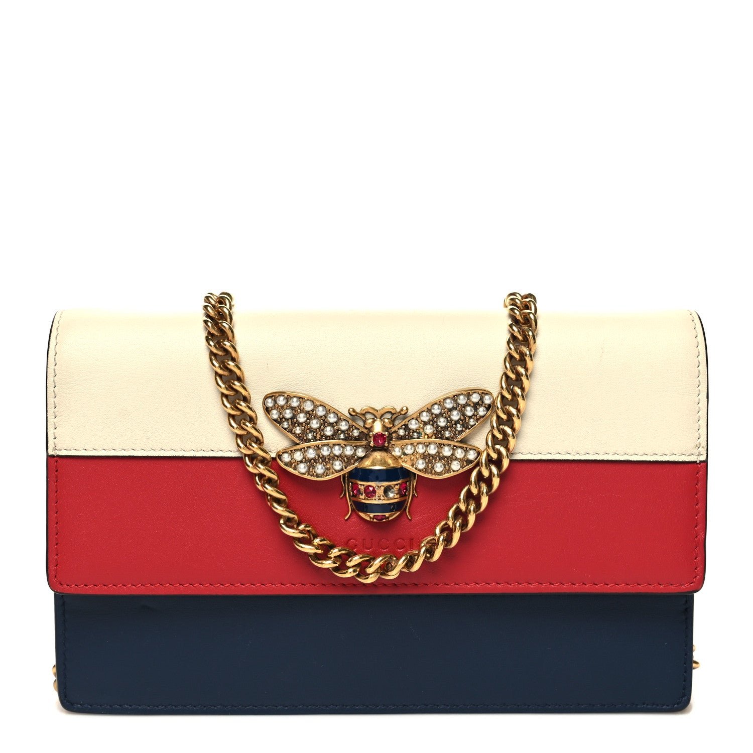 Gucci Calfskin Queen Margaret Chain Wallet Blue Agata Hibiscus Red Mystic White