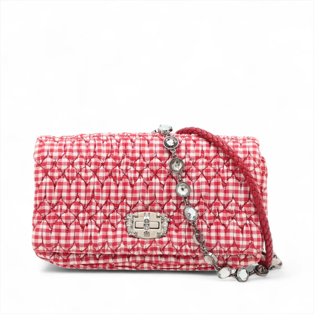 Miu Miu Matelassé cotton x leather 2 Way Shoulder Bag Red 5BH417 Gingham check