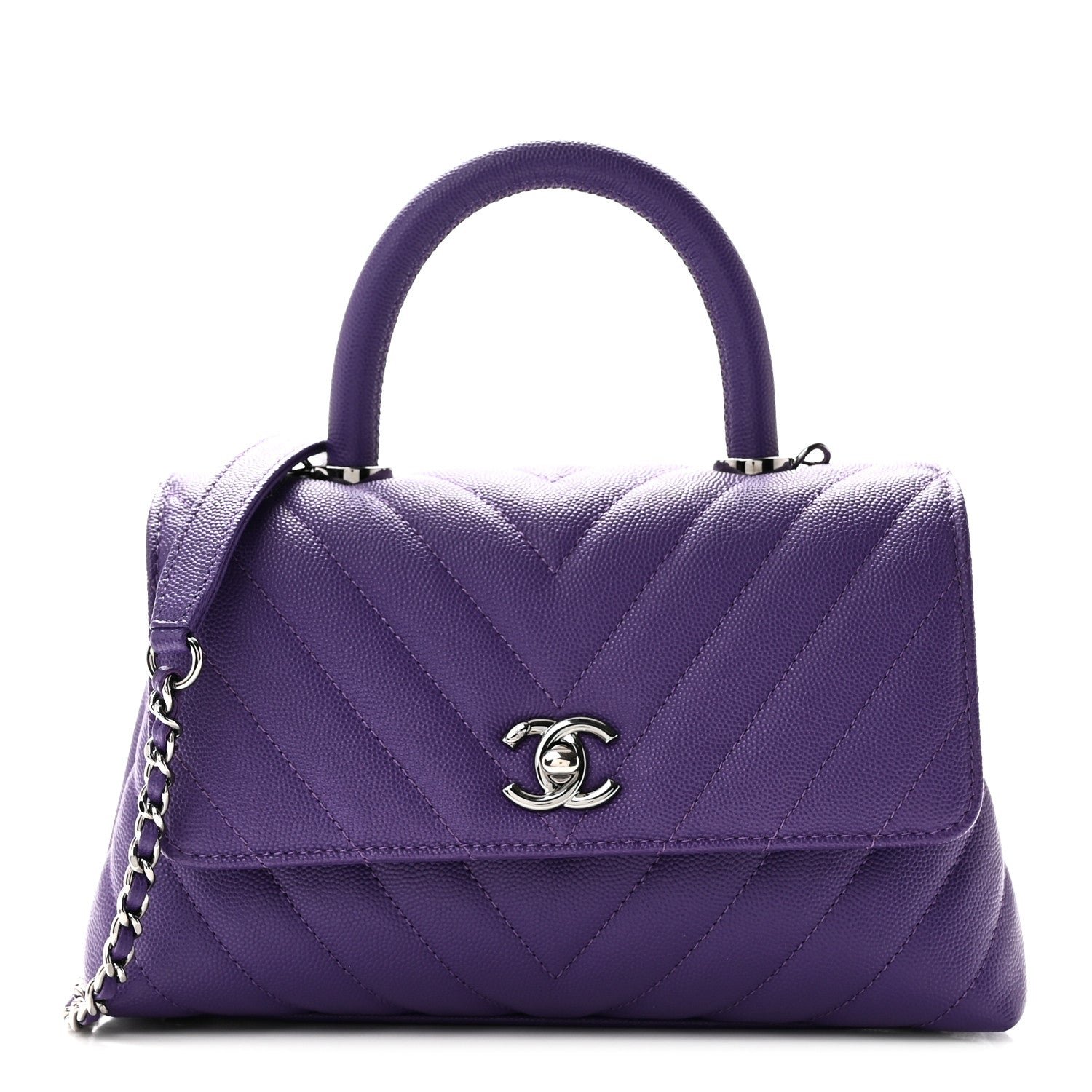 Chanel Caviar Chevron Quilted Mini Coco Handle Flap Purple