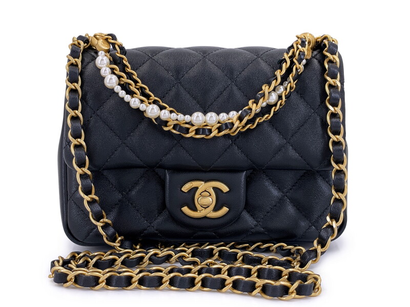Shiny Quilted Lambskin Pearl Chain Square Mini Flap Bag Aged Gold Hardware, 2024
