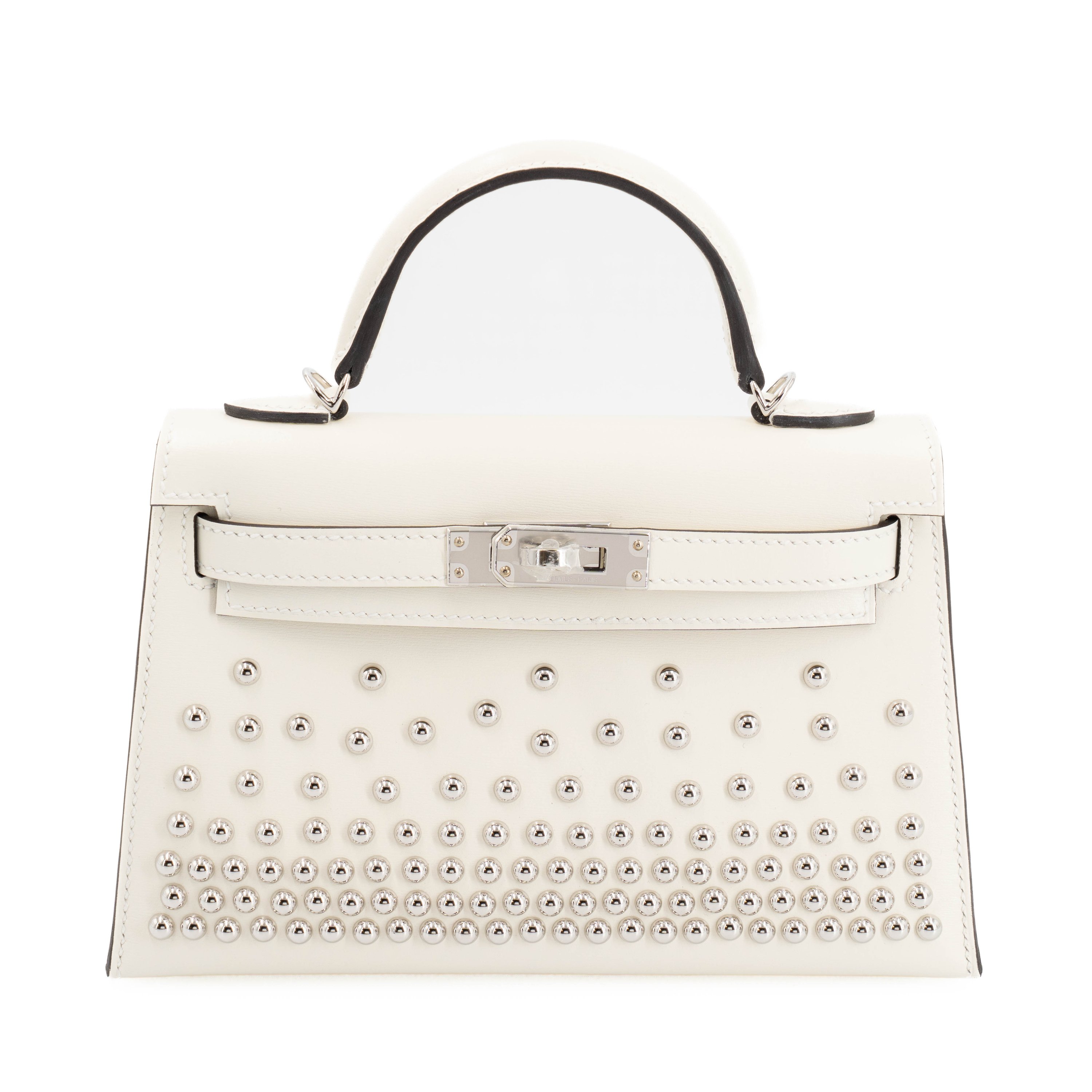 Brand New ( Rank N ) HERMÈS Mini Kelly II Cloute Studded Cream (S0) Box-calf Palladium hardware G (2026)