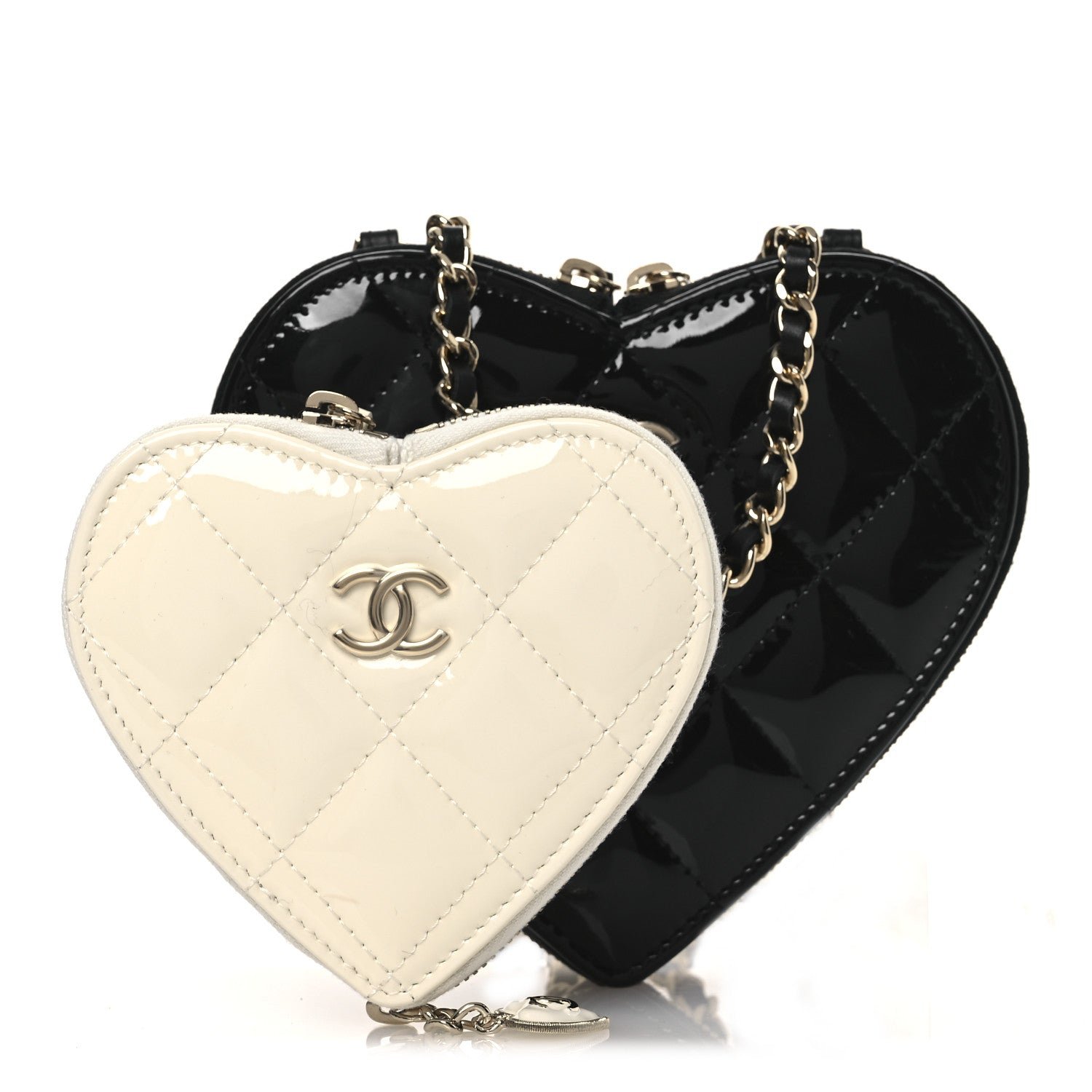 Chanel Patent Calfskin Resin Quilted CC Heart Clutch With Chain Black