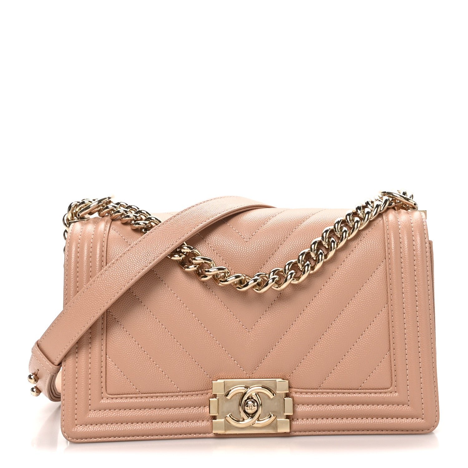 Chanel Caviar Chevron Quilted Medium Boy Flap Beige