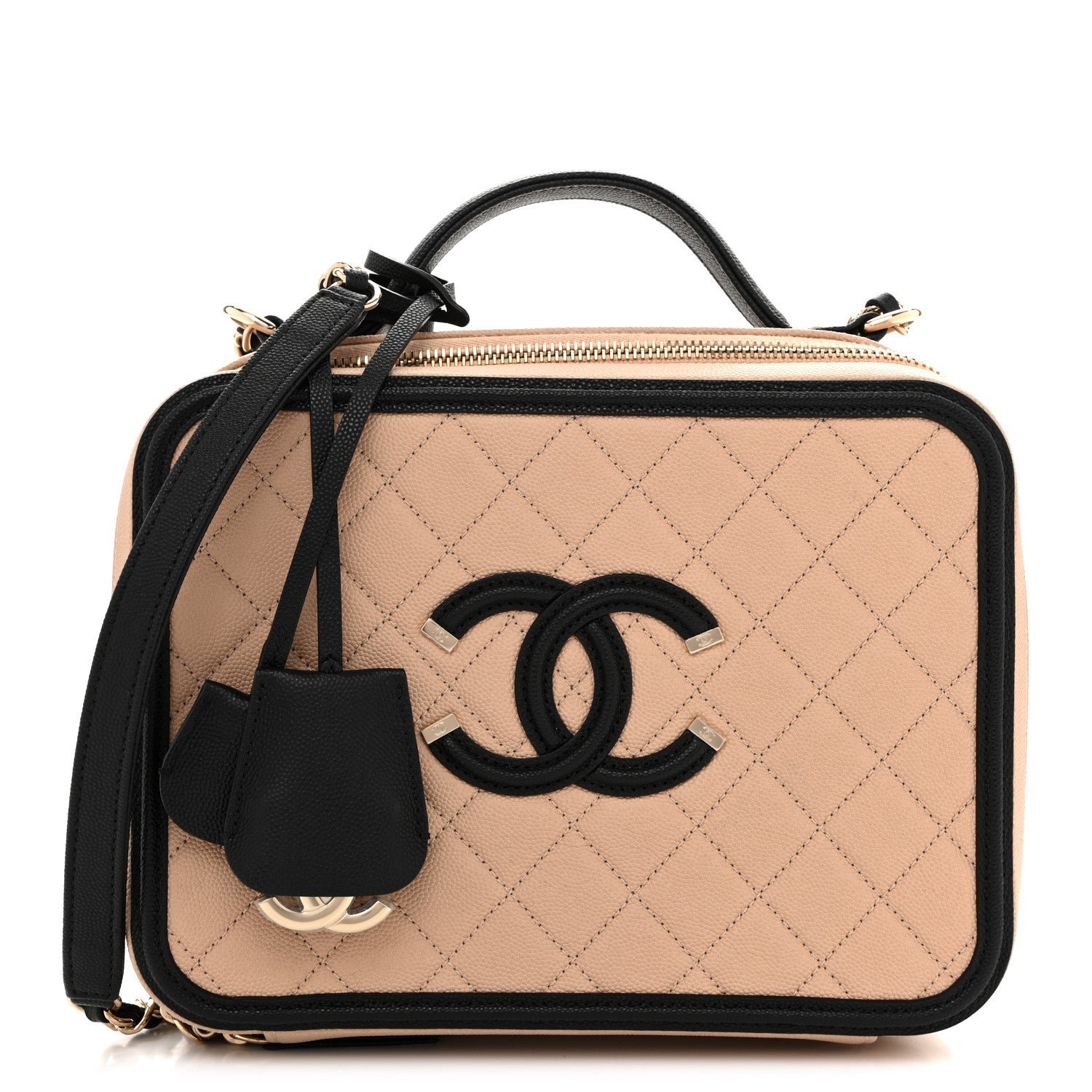 Chanel Caviar Quilted Large CC Filigree Vanity Case Beige Black