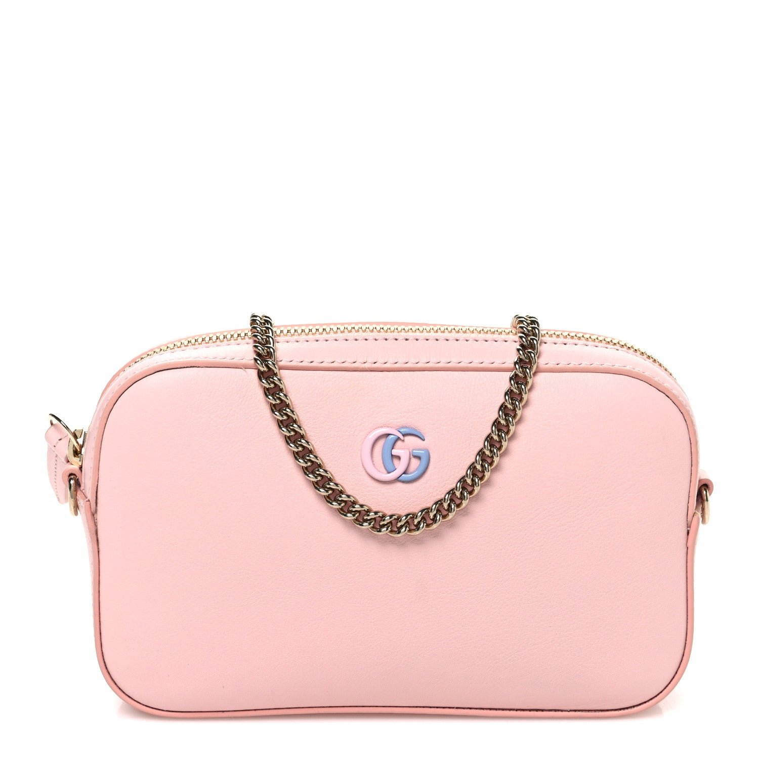 Gucci Dollar Calfskin Enamel Super Mini GG Marmont Chain Shoulder Bag Light Pink Blue
