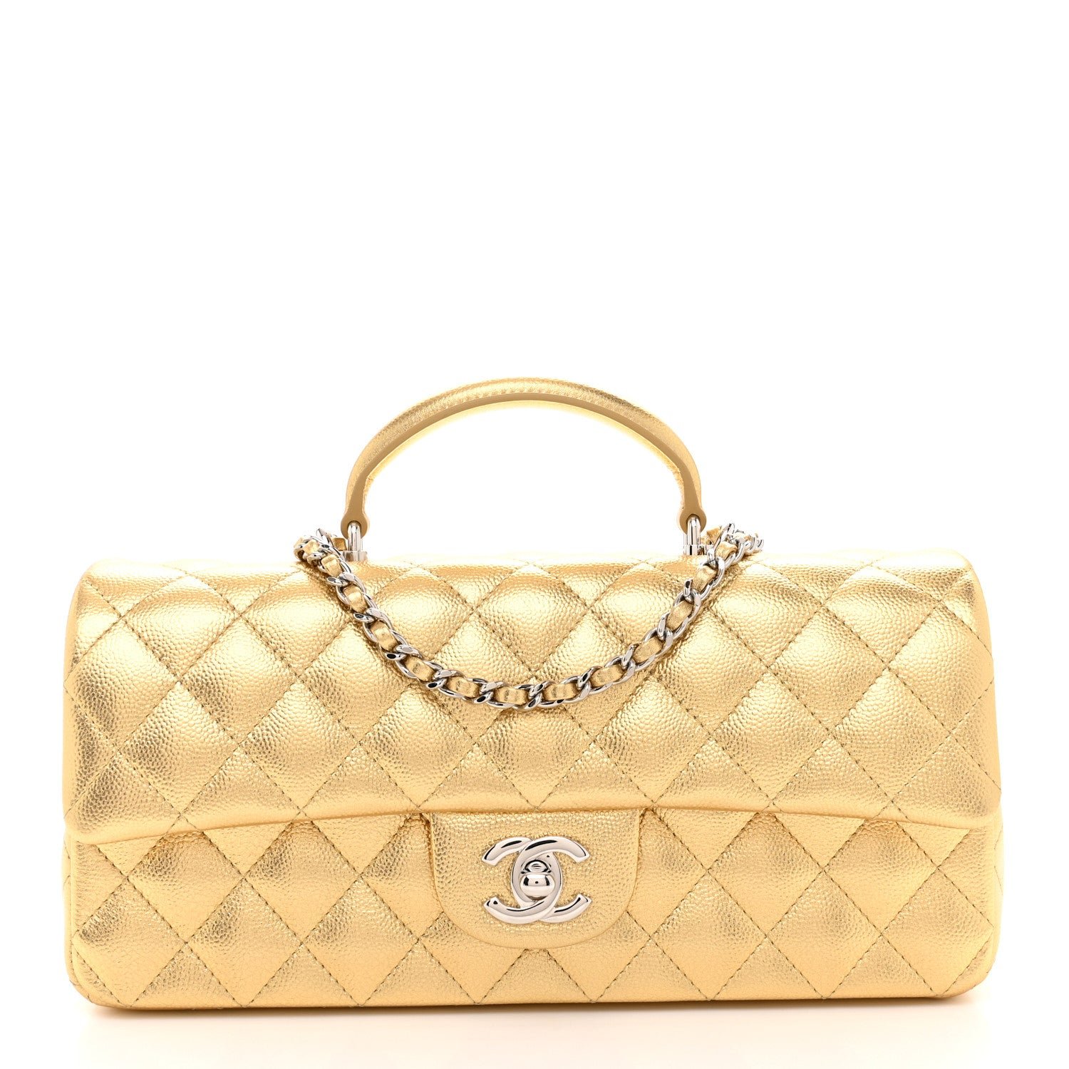 Chanel Metallic Caviar Quilted Top Handle East West Flap Gold