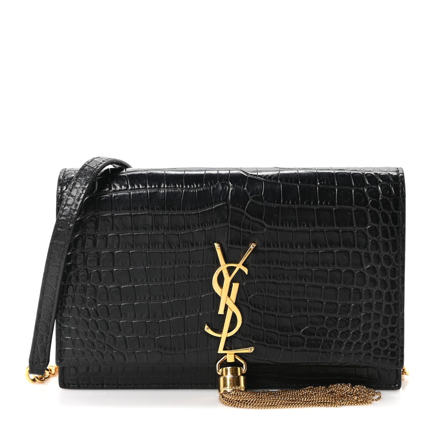 Saint Laurent Calfskin Crocodile Embossed Kate Monogram Tassel Chain Wallet Black