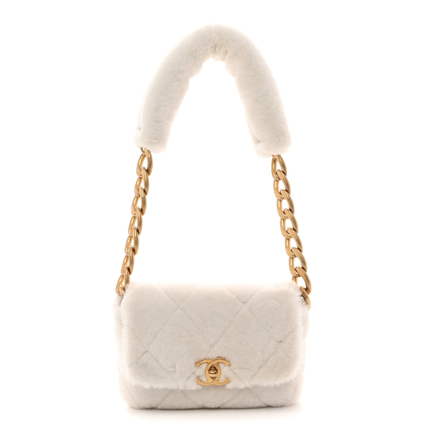Chanel Shearling Lambskin Quilted CC Chain Flap White