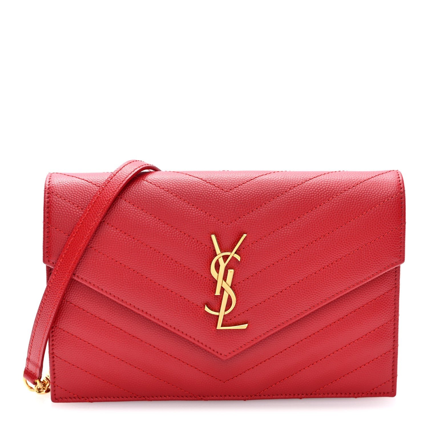 Saint Laurent Grain De Poudre Matelasse Chevron Monogram Envelope Chain Wallet New Red