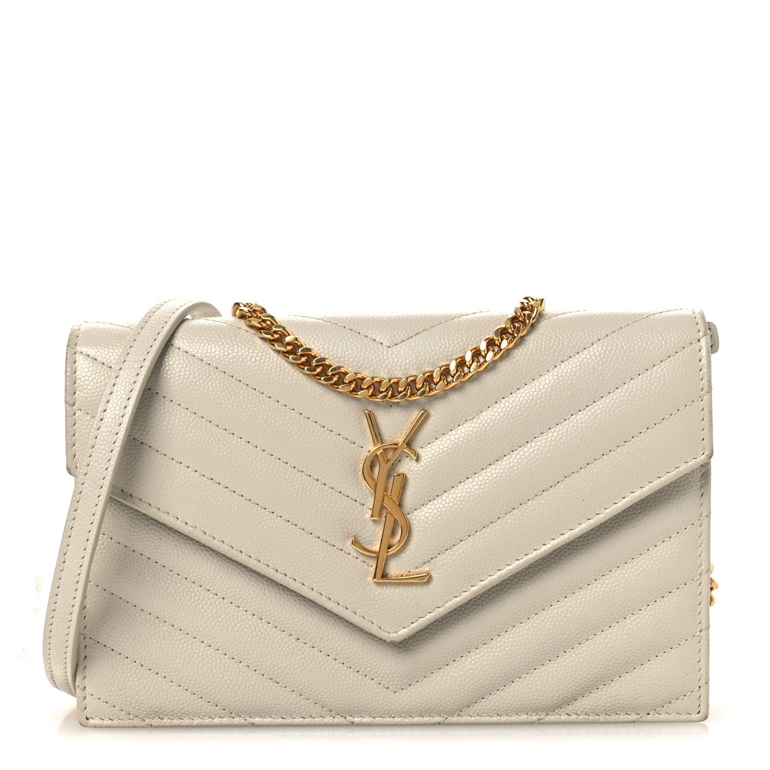 Saint Laurent Grain De Poudre Matelasse Chevron Monogram Envelope Chain Wallet Blanc Vintage
