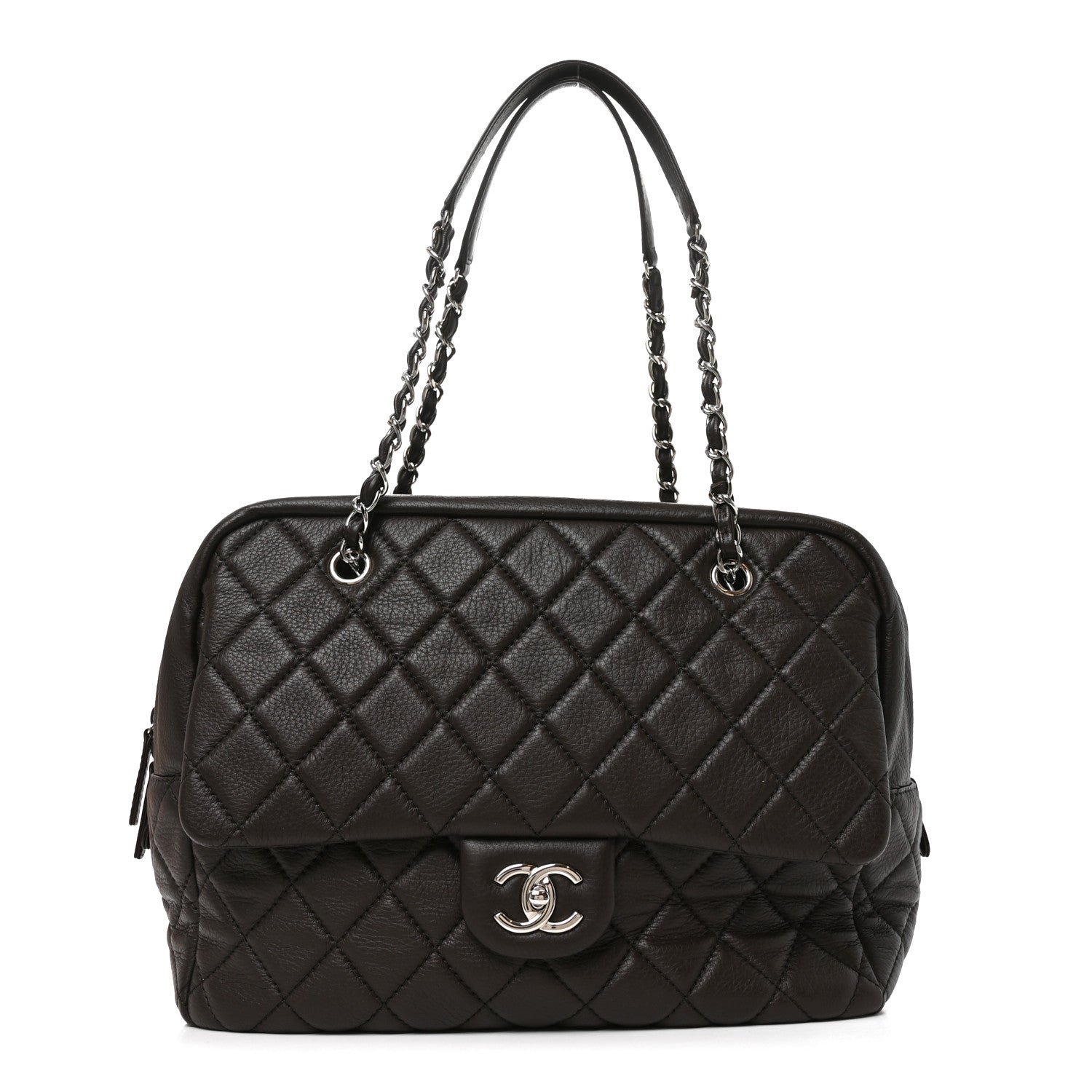 Chanel Lambskin Quilted Travel Flap Tote Dark Brown