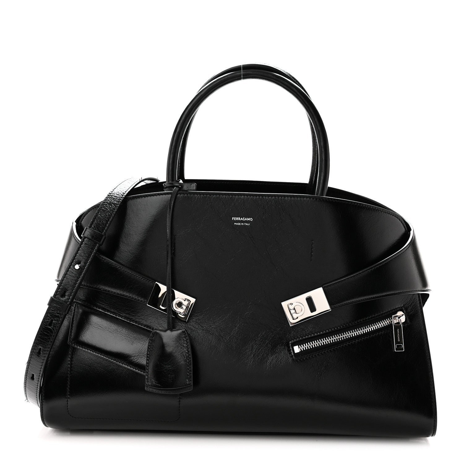 Salvatore Ferragamo Shiny Calfskin Medium Hug Zip Pocket Shoulder Bag Black