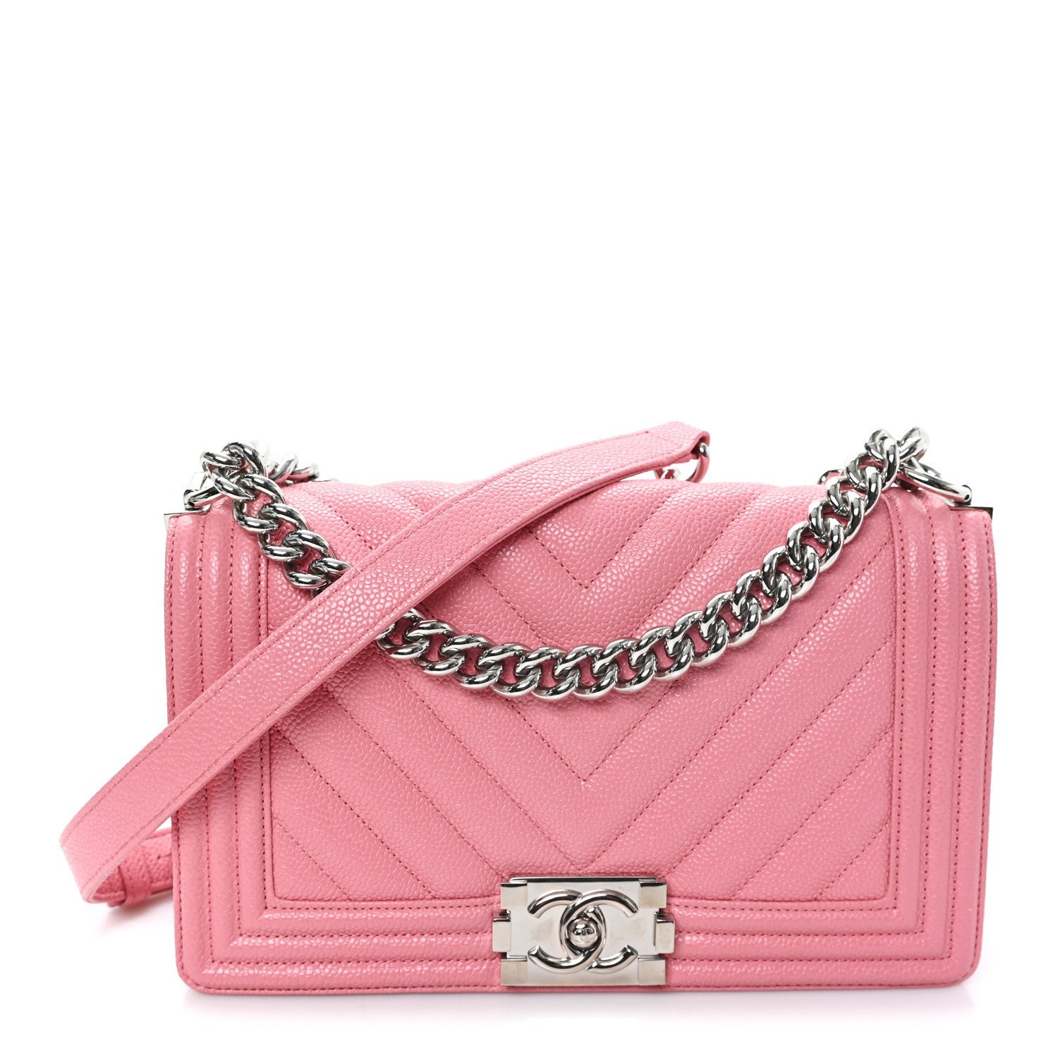 Chanel Caviar Chevron Quilted Medium Boy Flap Pink