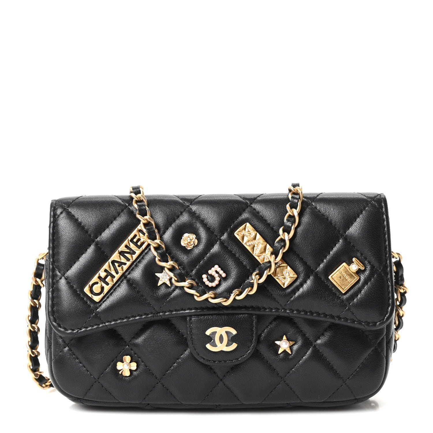 Chanel Lambskin Quilted Charm Flap Phone Holder With Chain Black