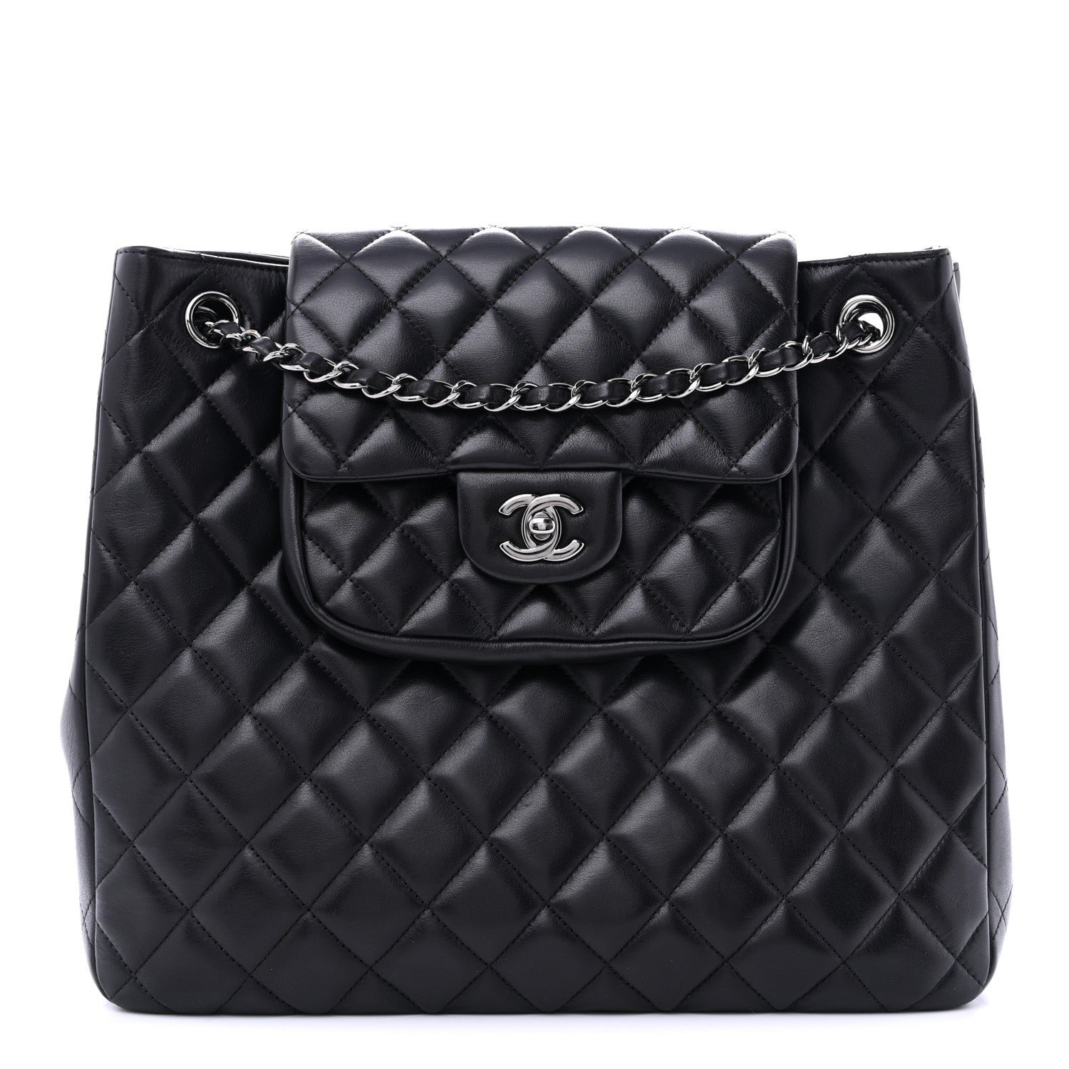Chanel Lambskin Quilted Front Flap Tote Black