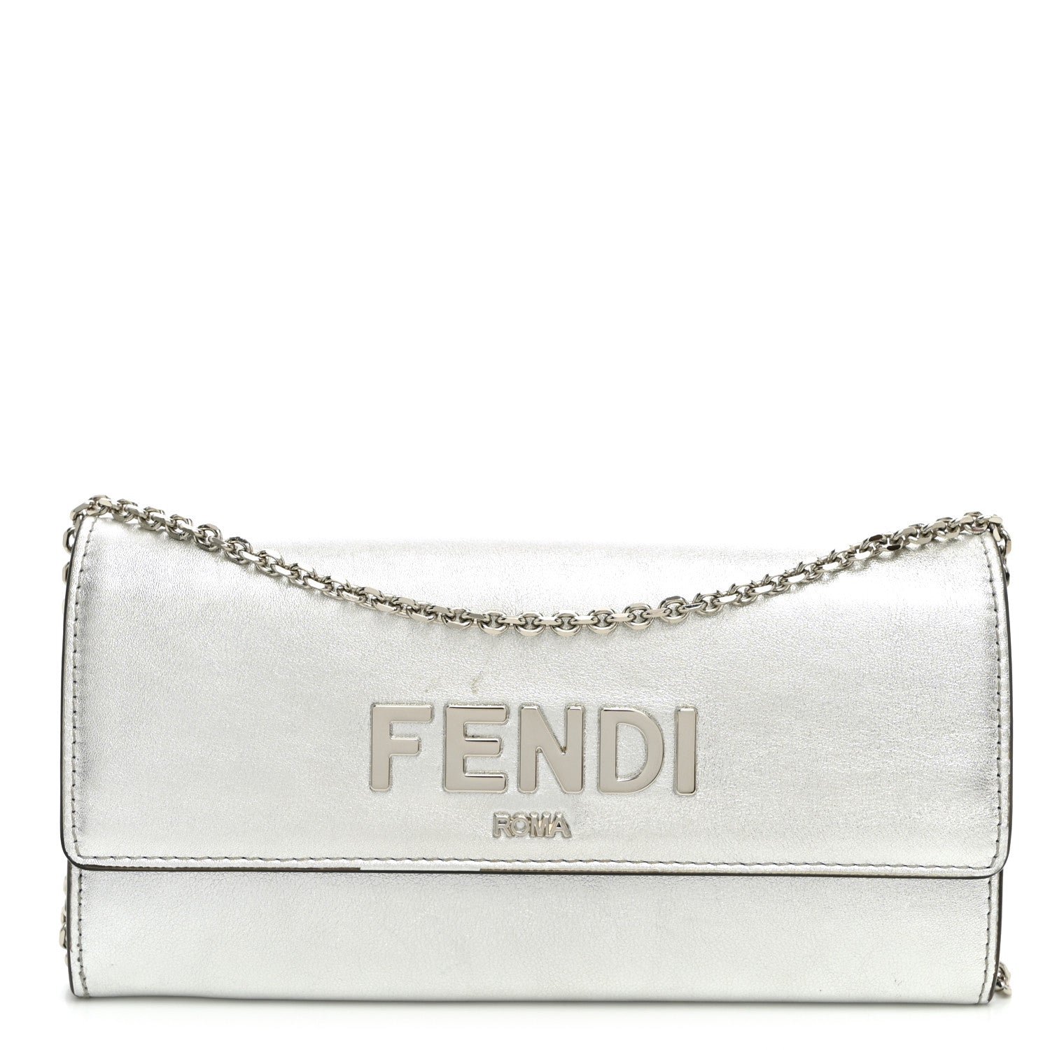 Fendi Metallic Calfskin Continental Wallet On Chain Argento