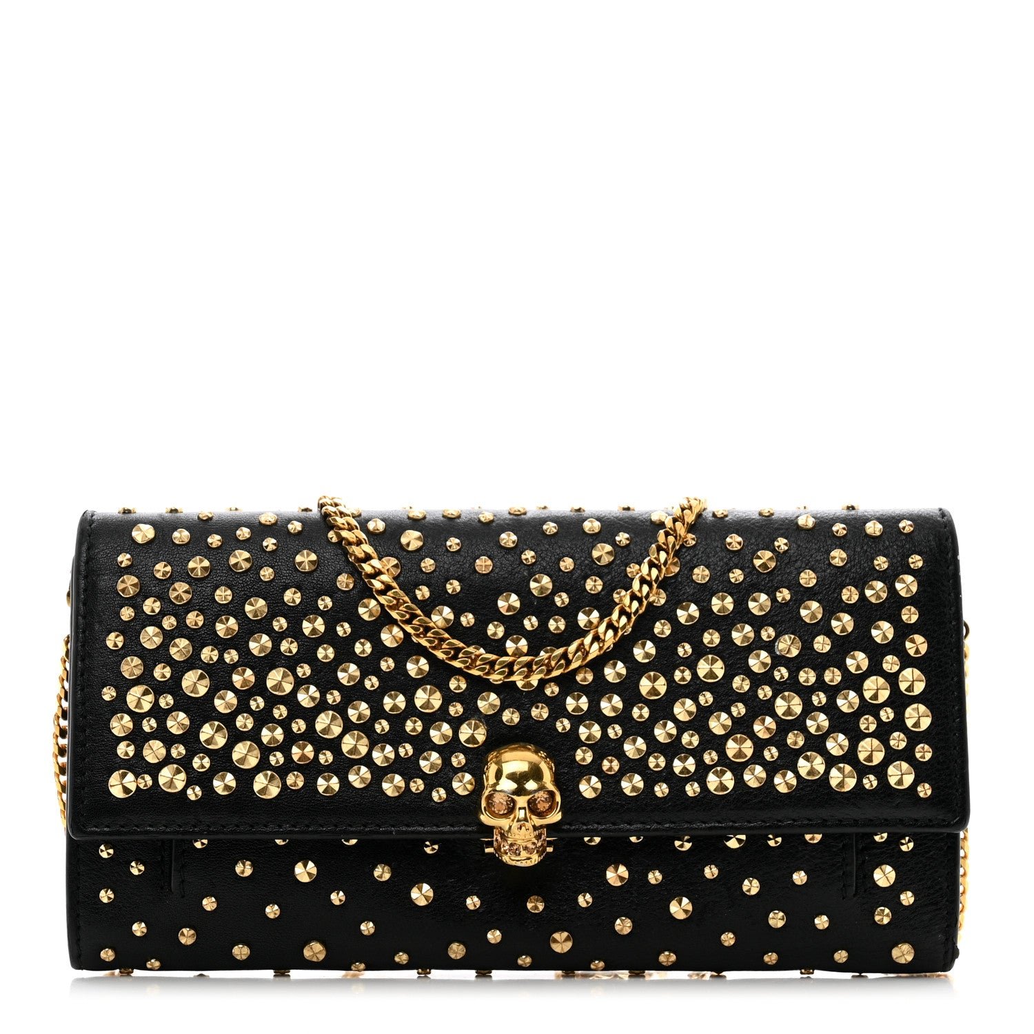 Alexander McQueen Calfskin Studded Skull Wallet on Chain Black